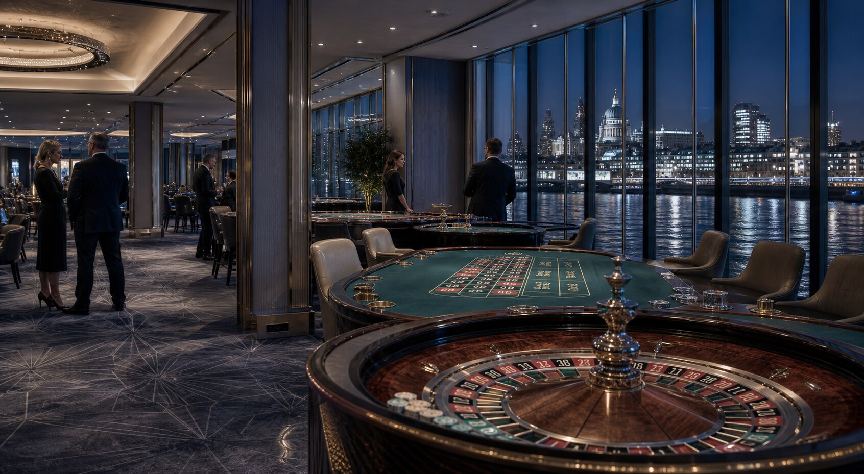 The elegant casino floor overlooking the Thames at night