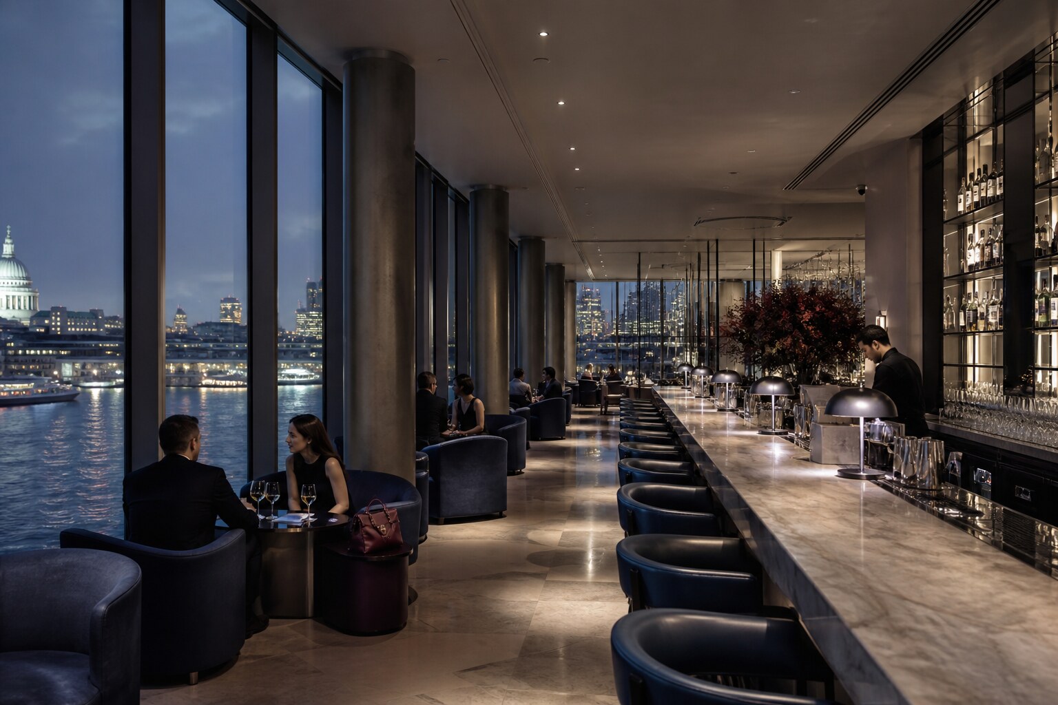 The Riverside Bar overlooking the Thames in the evening